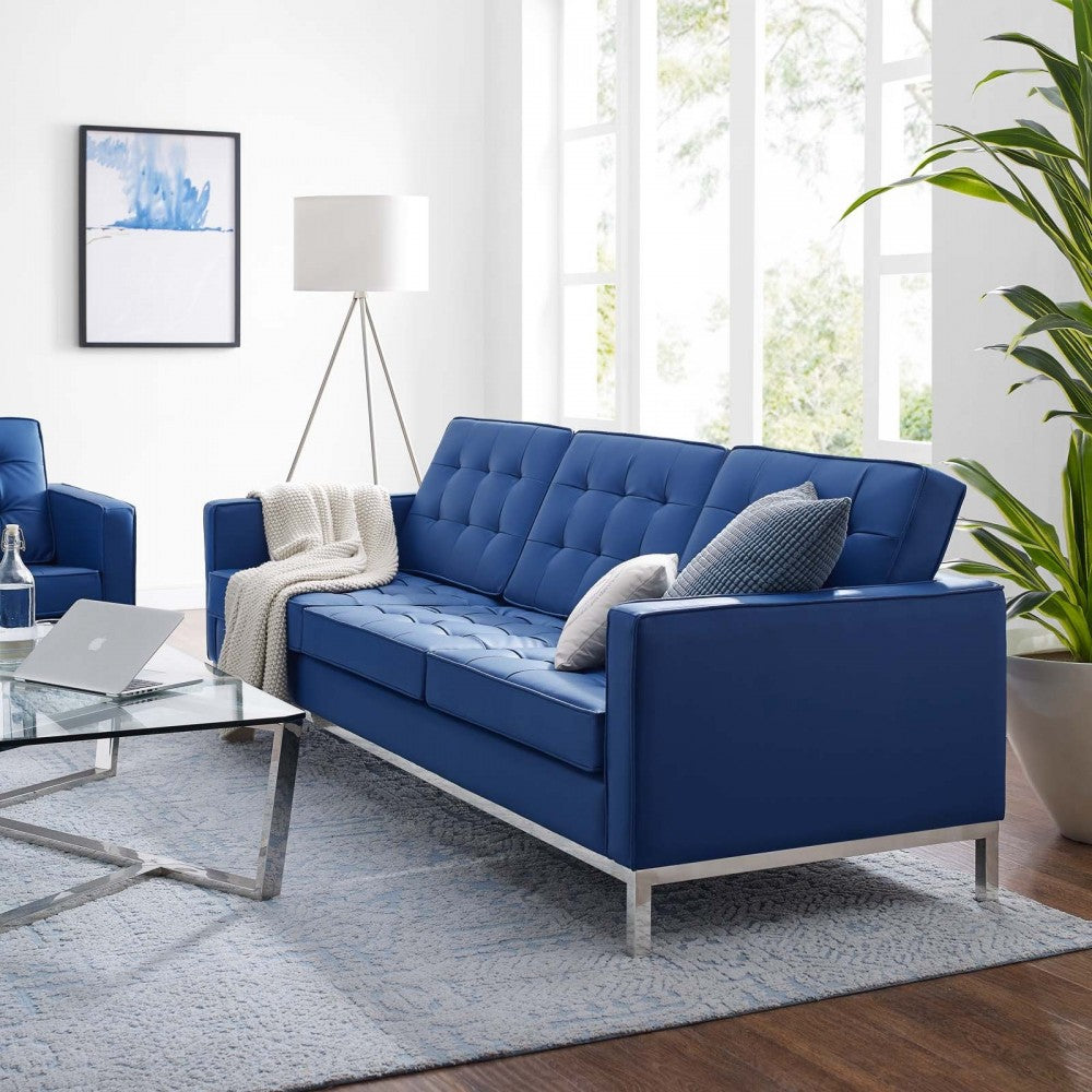 Loft Tufted Upholstered Faux Leather Sofa, Silver Navy