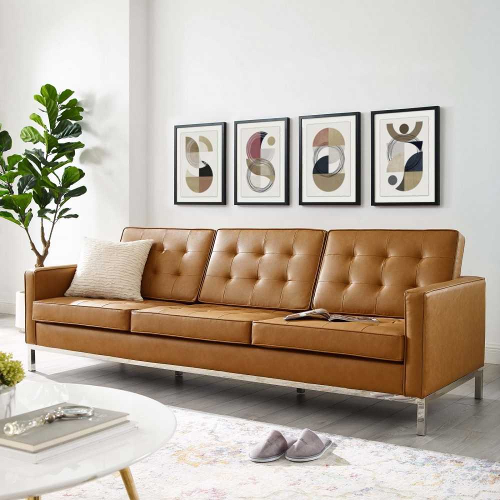 Loft Tufted Upholstered Faux Leather Sofa, Silver Tan