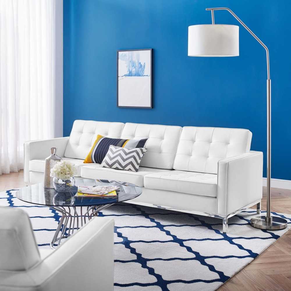 Loft Tufted Upholstered Faux Leather Sofa, Silver White