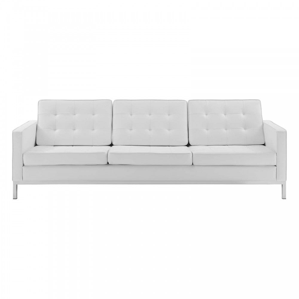 Loft Tufted Upholstered Faux Leather Sofa, Silver White