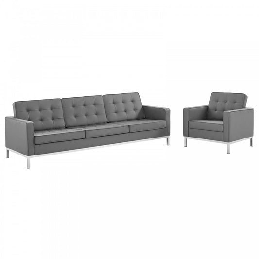 Loft Tufted Upholstered Faux Leather Sofa and Armchair Set, Silver Gray