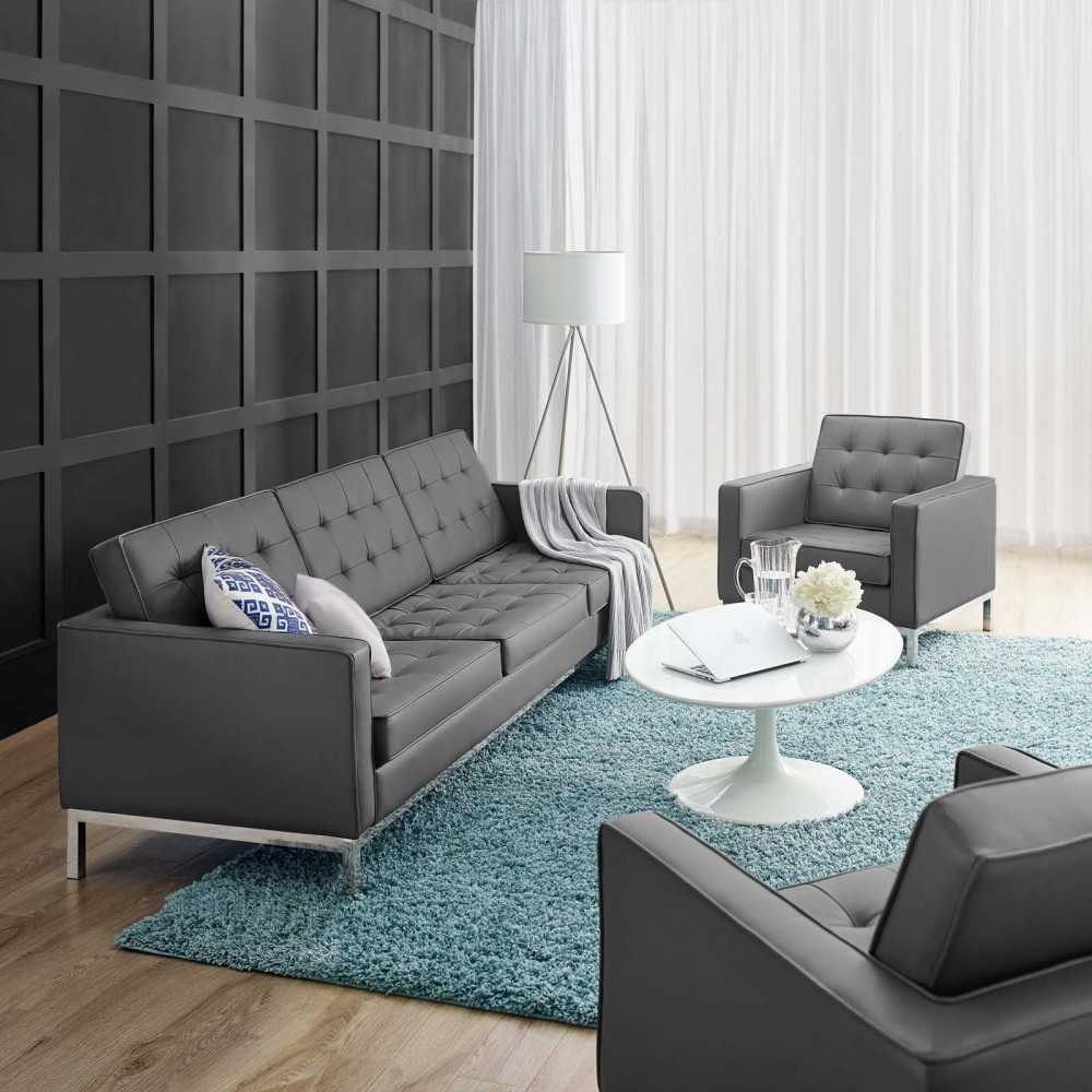 Loft Tufted Upholstered Faux Leather Sofa and Armchair Set, Silver Gray