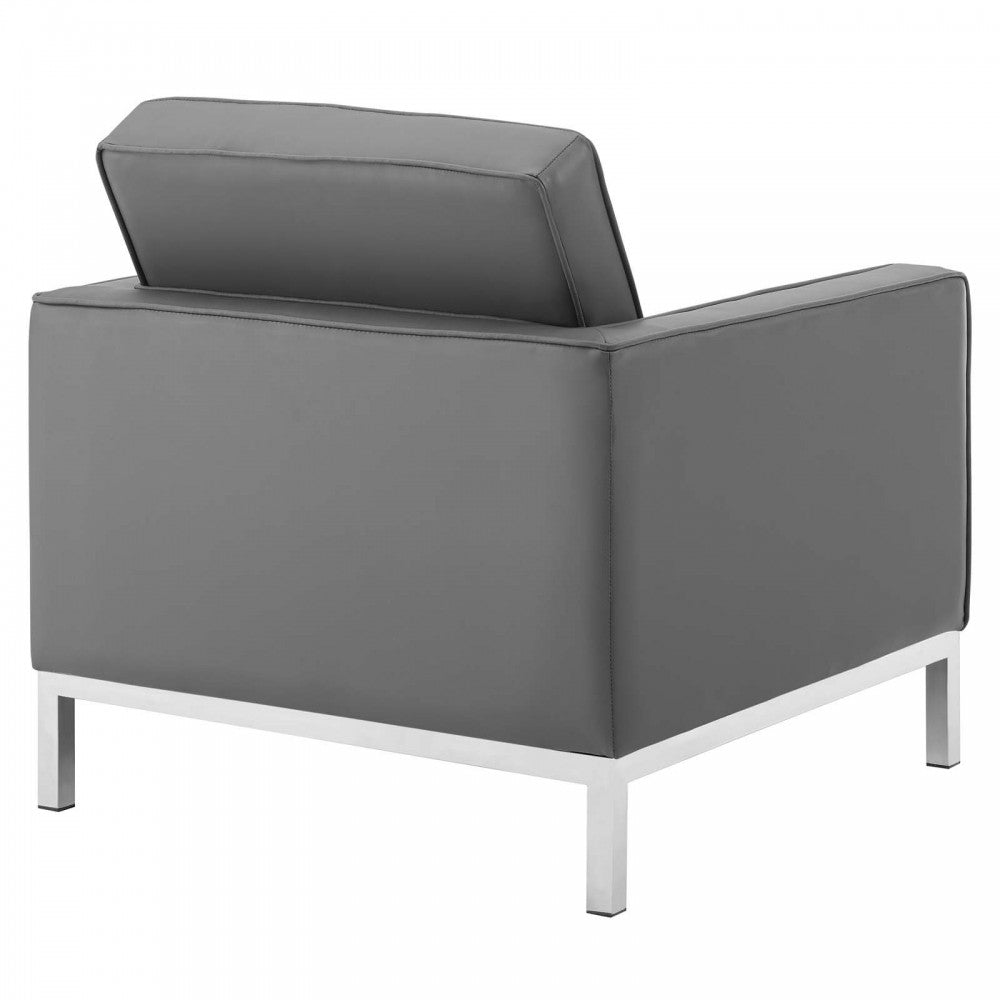 Loft Tufted Upholstered Faux Leather Sofa and Armchair Set, Silver Gray