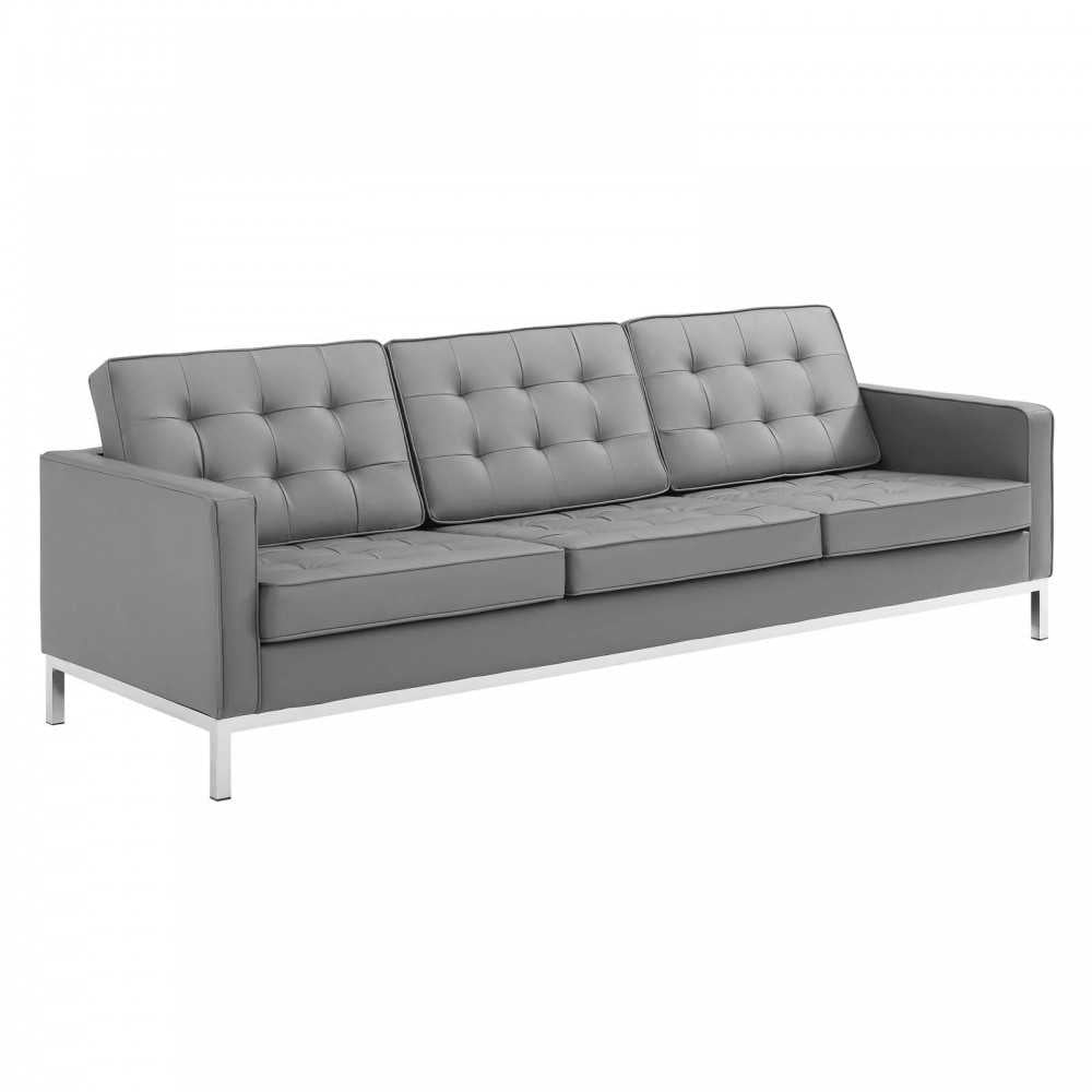 Loft Tufted Upholstered Faux Leather Sofa and Armchair Set, Silver Gray