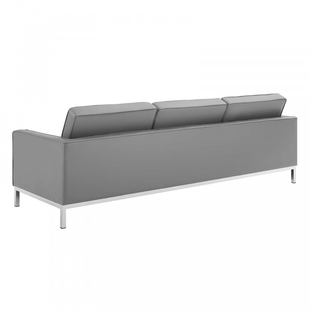 Loft Tufted Upholstered Faux Leather Sofa and Armchair Set, Silver Gray