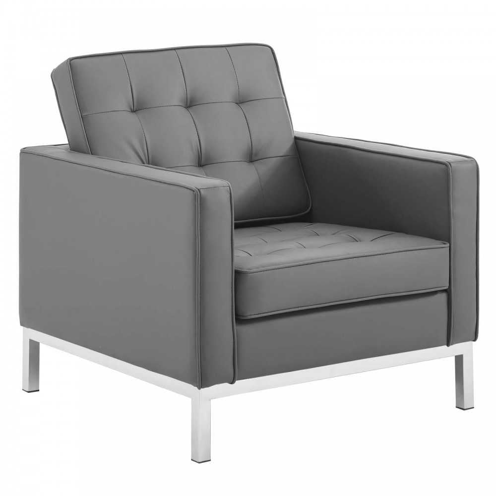 Loft Tufted Upholstered Faux Leather Sofa and Armchair Set, Silver Gray