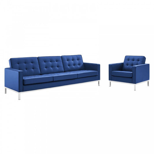 Loft Tufted Upholstered Faux Leather Sofa and Armchair Set, Silver Navy