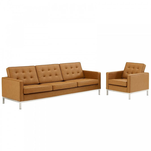 Loft Tufted Upholstered Faux Leather Sofa and Armchair Set, Silver Tan