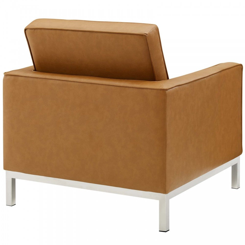 Loft Tufted Upholstered Faux Leather Sofa and Armchair Set, Silver Tan