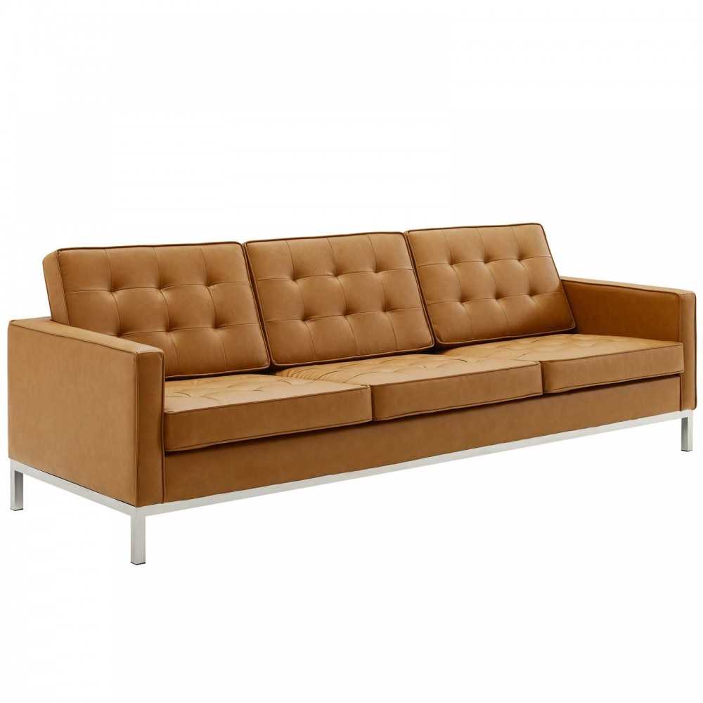 Loft Tufted Upholstered Faux Leather Sofa and Armchair Set, Silver Tan
