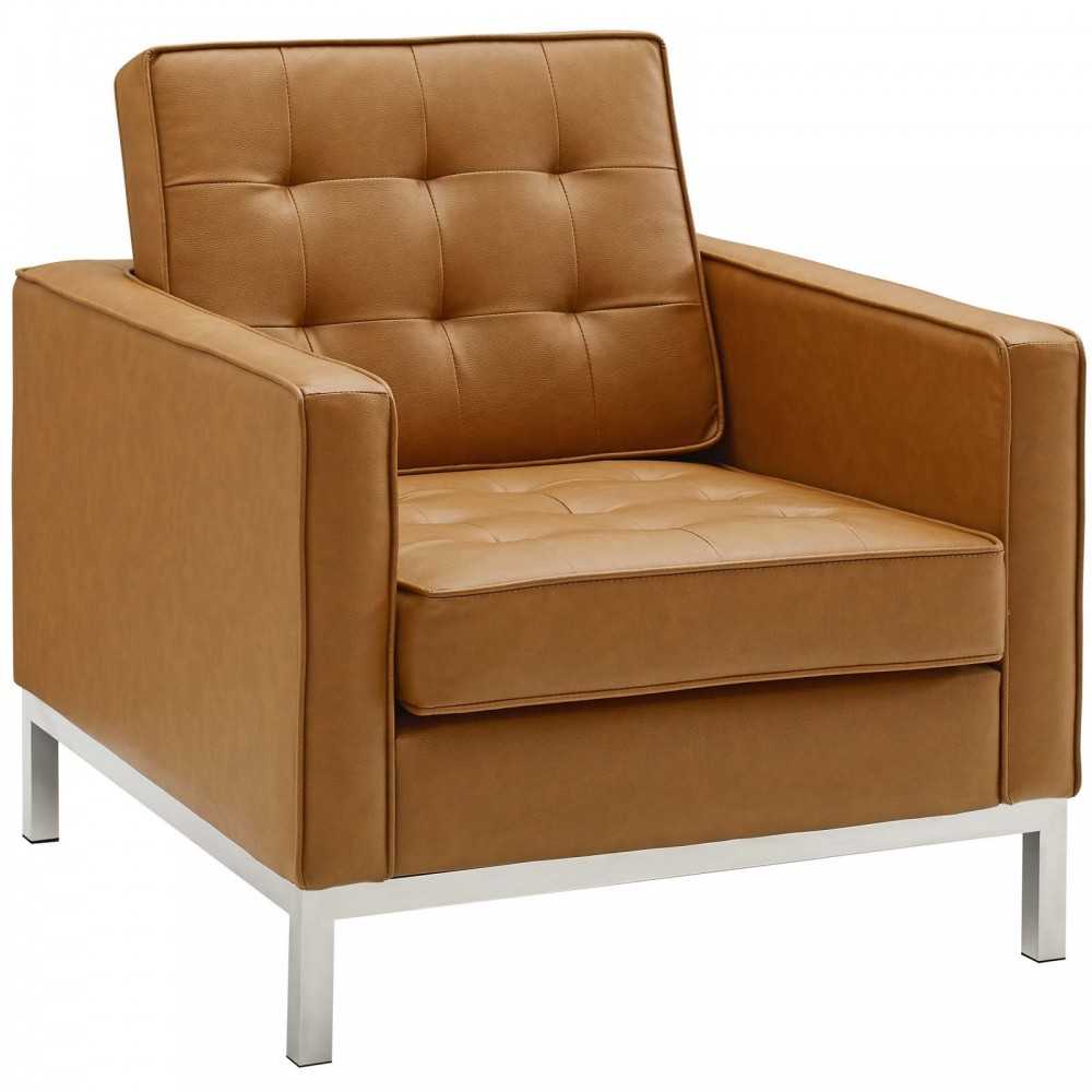 Loft Tufted Upholstered Faux Leather Sofa and Armchair Set, Silver Tan