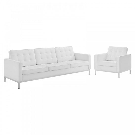 Loft Tufted Upholstered Faux Leather Sofa and Armchair Set, Silver White