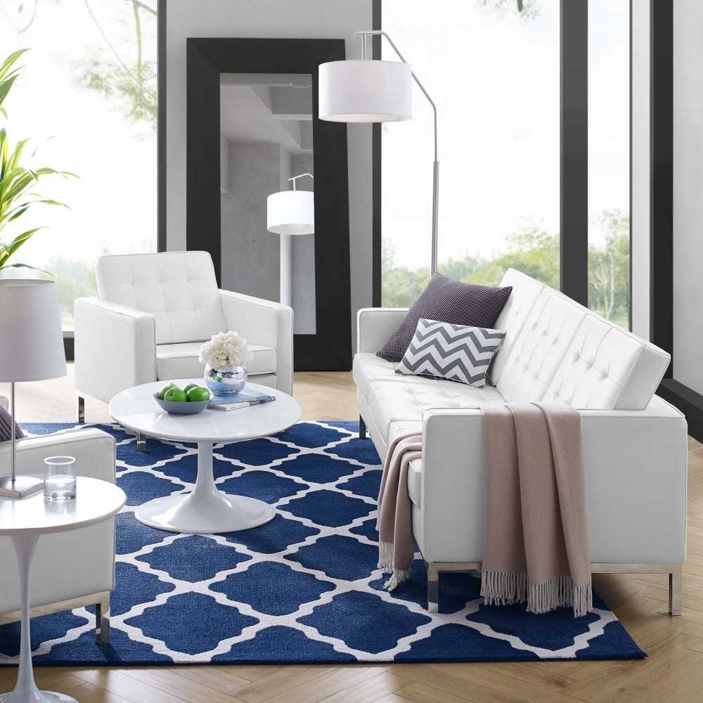 Loft Tufted Upholstered Faux Leather Sofa and Armchair Set, Silver White