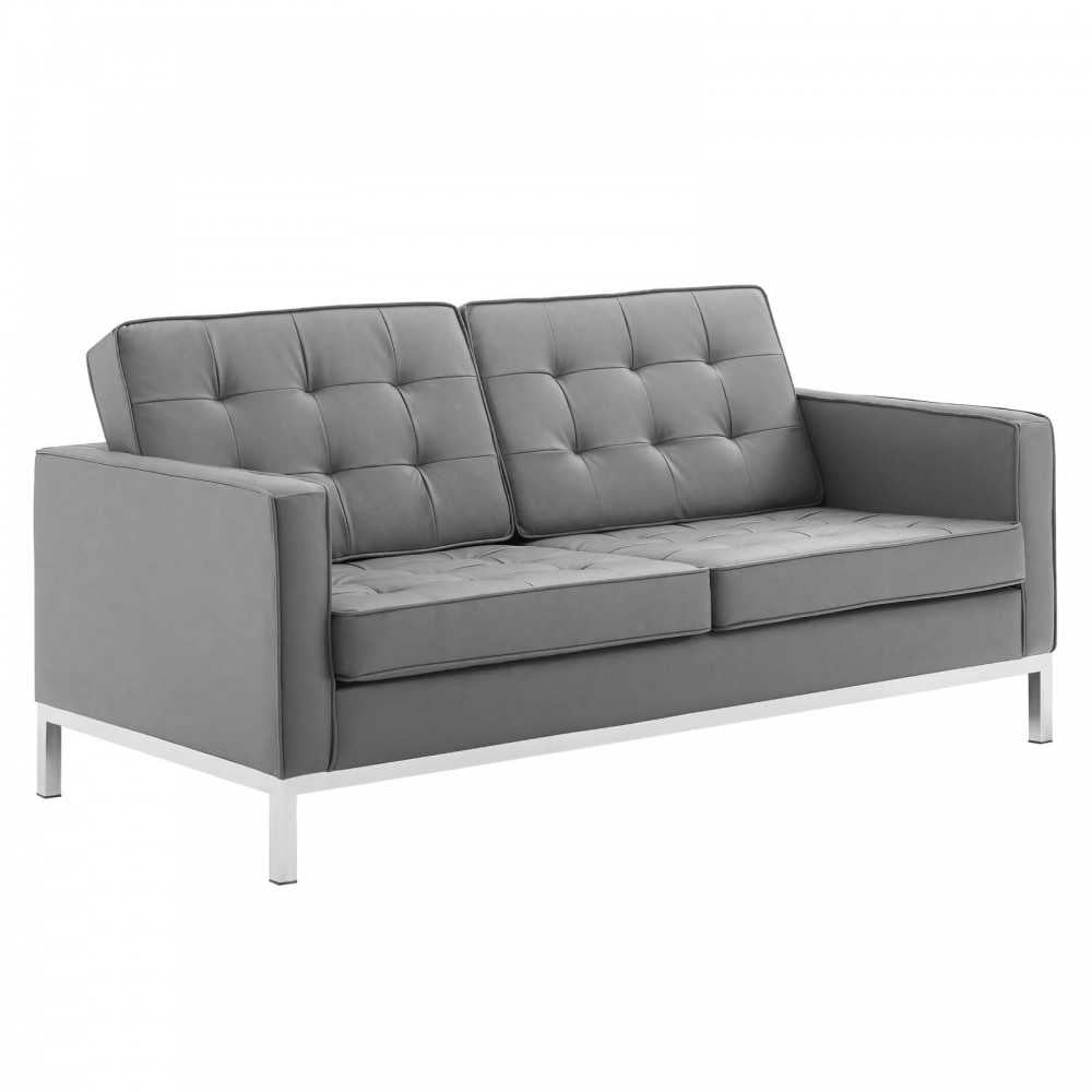 Loft Tufted Upholstered Faux Leather Sofa and Loveseat Set, Silver Gray