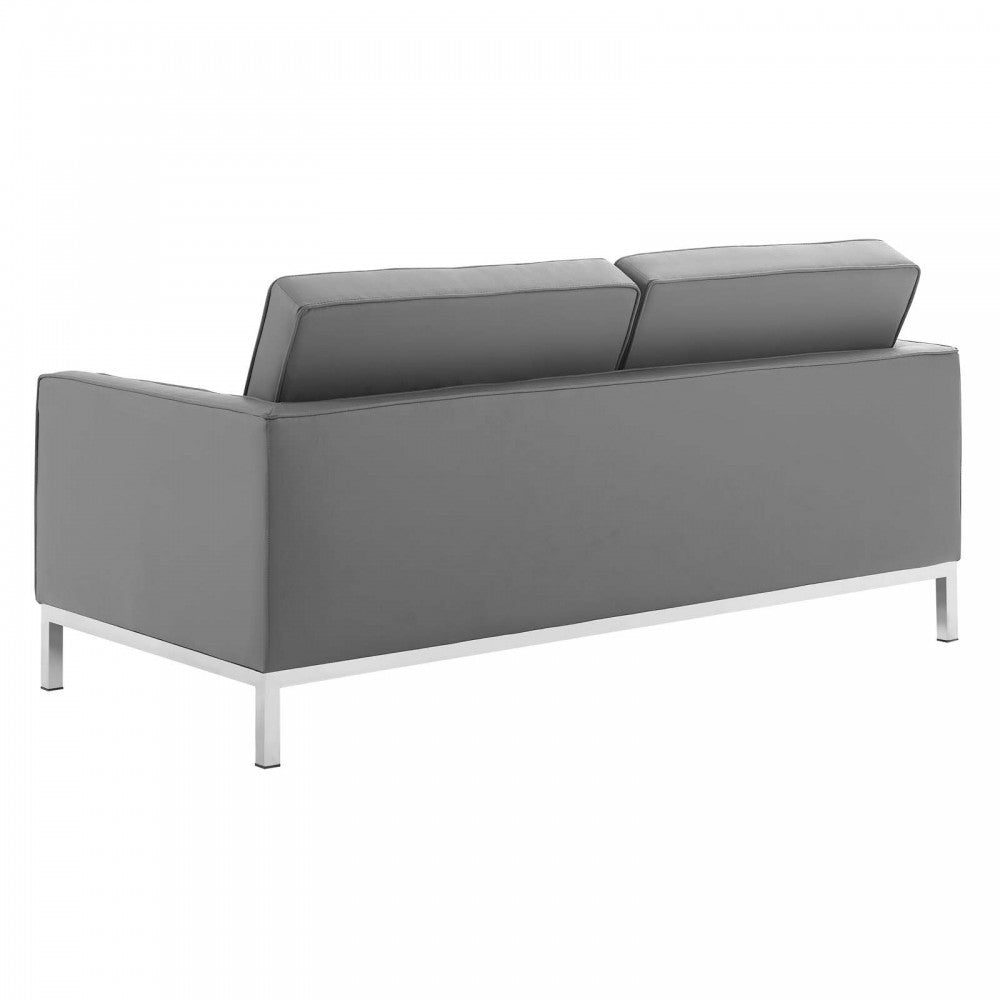 Loft Tufted Upholstered Faux Leather Sofa and Loveseat Set, Silver Gray