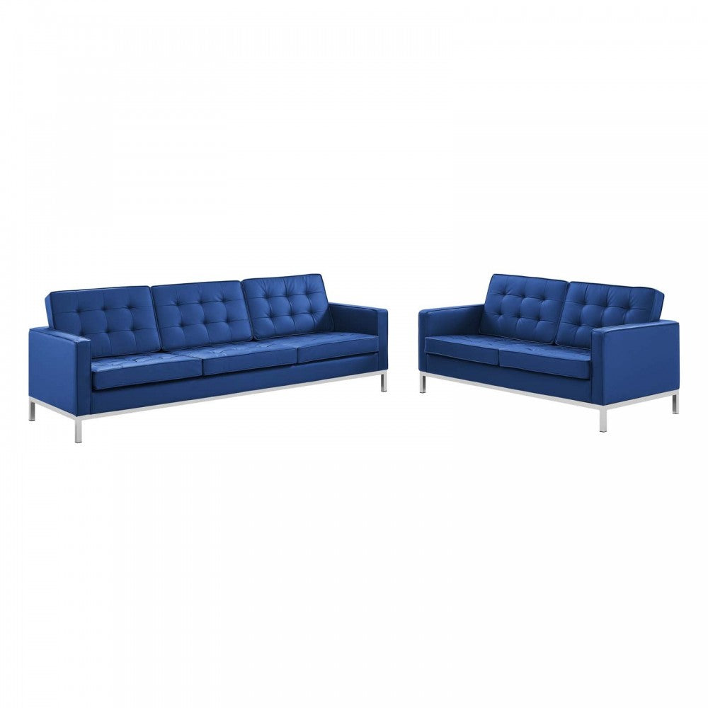 Loft Tufted Upholstered Faux Leather Sofa and Loveseat Set, Silver Navy