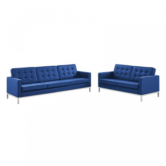Loft Tufted Upholstered Faux Leather Sofa and Loveseat Set, Silver Navy