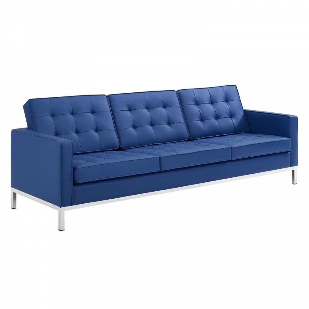Loft Tufted Upholstered Faux Leather Sofa and Loveseat Set, Silver Navy