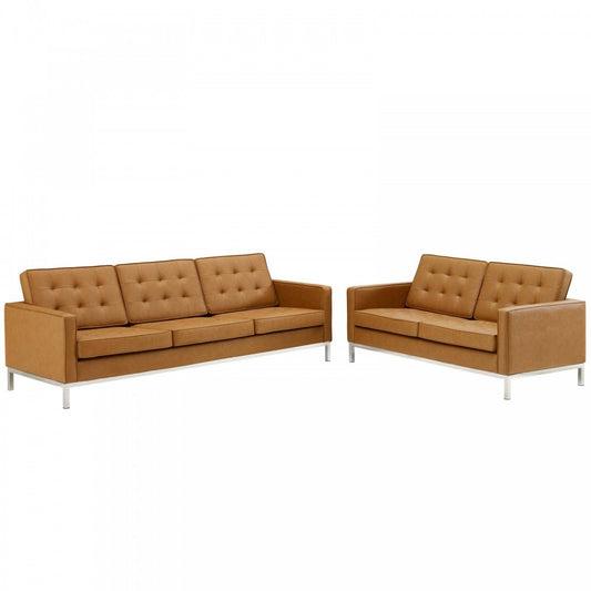 Loft Tufted Upholstered Faux Leather Sofa and Loveseat Set, Silver Tan