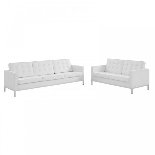 Loft Tufted Upholstered Faux Leather Sofa and Loveseat Set, Silver White