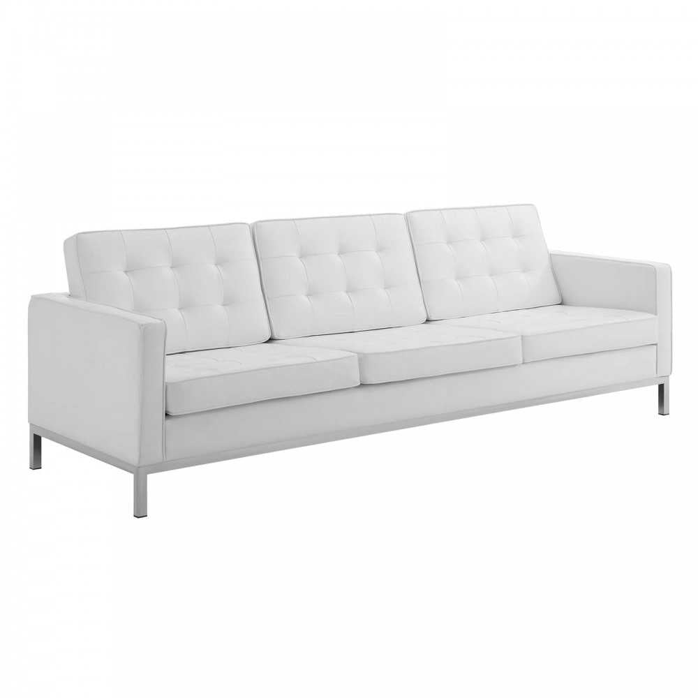 Loft Tufted Upholstered Faux Leather Sofa and Loveseat Set, Silver White