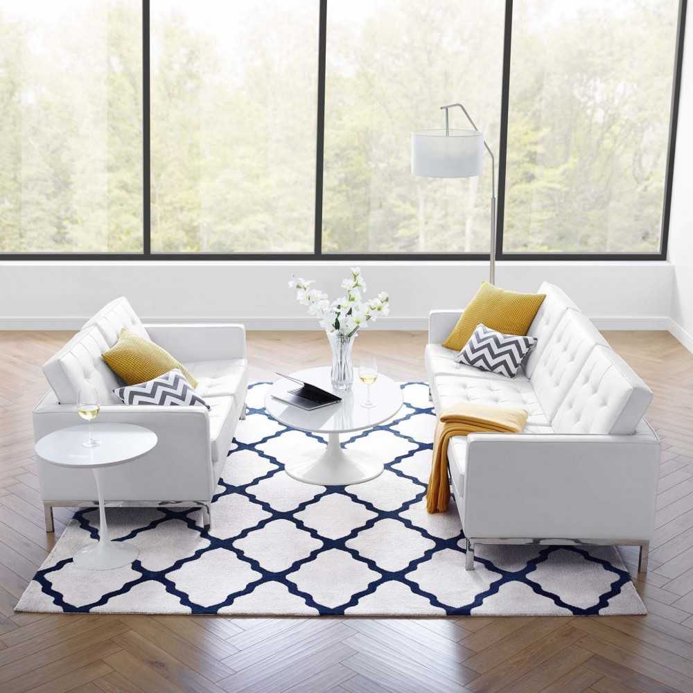 Loft Tufted Upholstered Faux Leather Sofa and Loveseat Set, Silver White