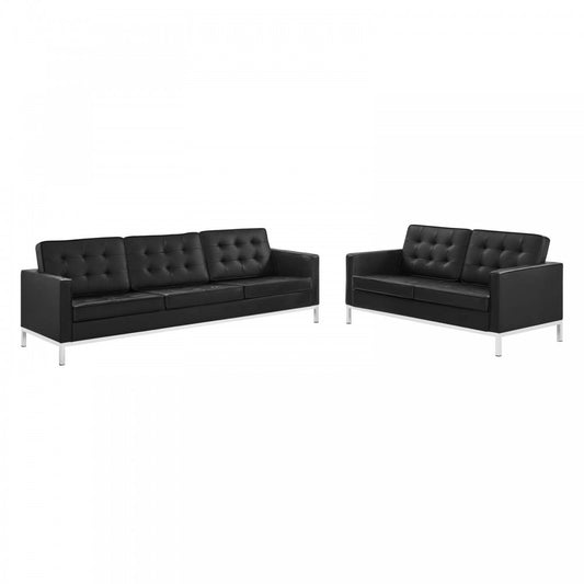 Loft Tufted Upholstered Faux Leather Sofa and Loveseat Set, Silver Black