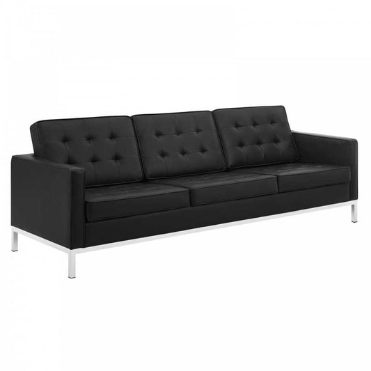 Loft Tufted Upholstered Faux Leather Sofa, Silver Black