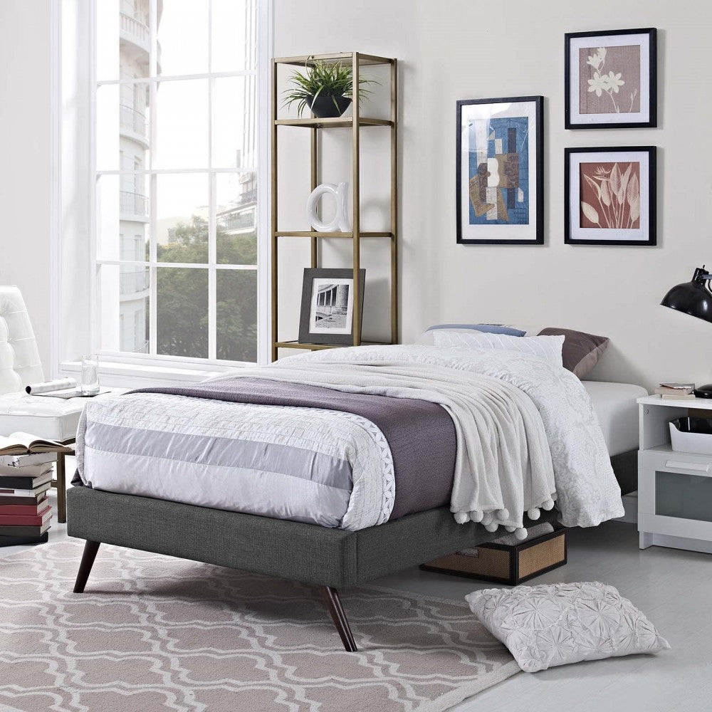 Loryn Twin Fabric Bed Frame with Round Splayed Legs, Gray