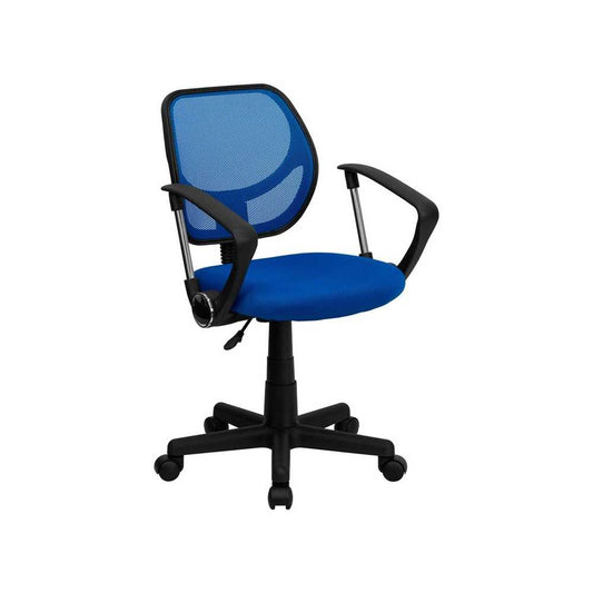 Low Back Blue Mesh Swivel Task Office Chair with Curved Square Back and Arms