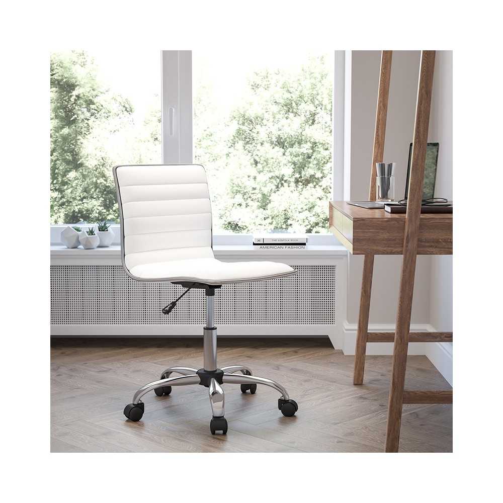 Low Back Designer Armless White Ribbed Swivel Task Office Chair