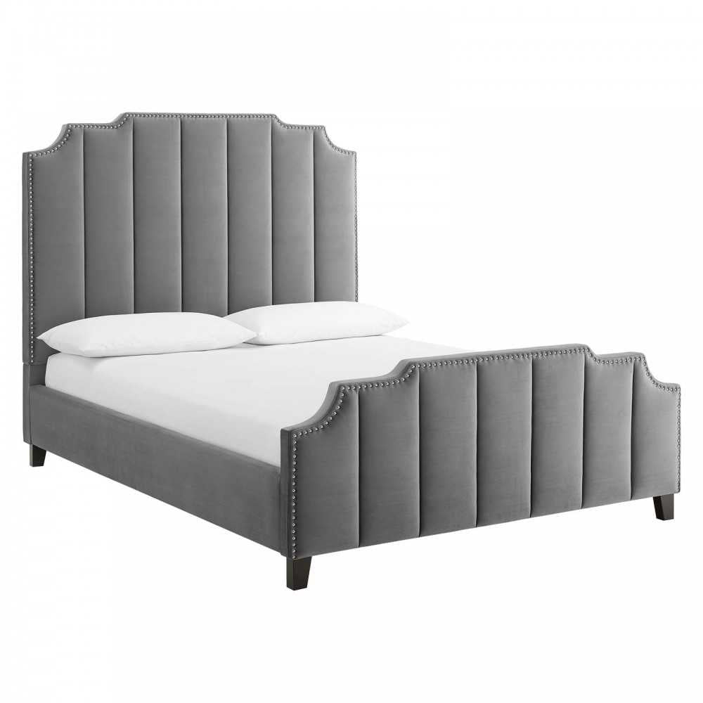 Lucille Queen Performance Velvet Platform Bed, Gray