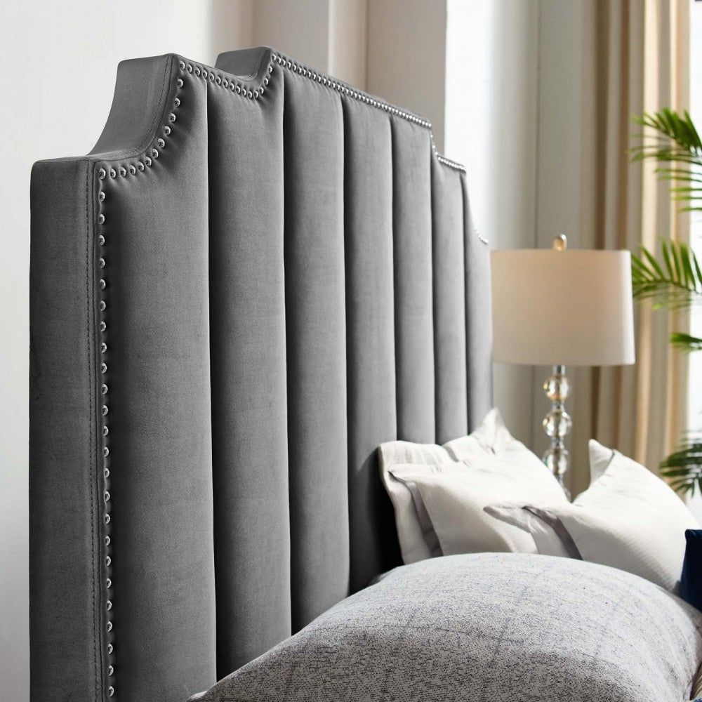 Lucille Queen Performance Velvet Platform Bed, Gray