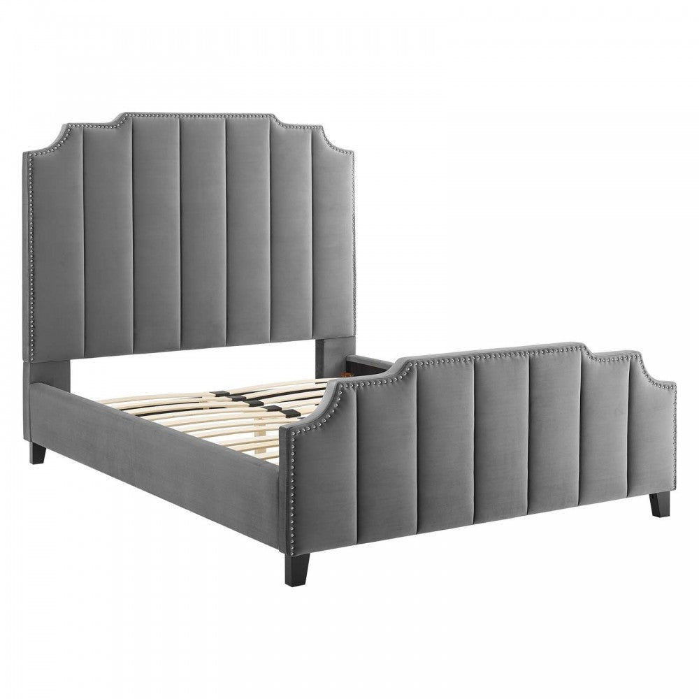 Lucille Queen Performance Velvet Platform Bed, Gray