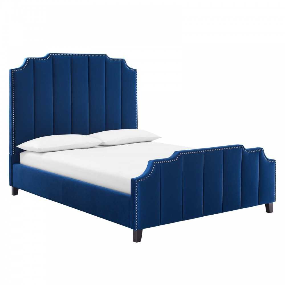 Lucille Queen Performance Velvet Platform Bed, Navy