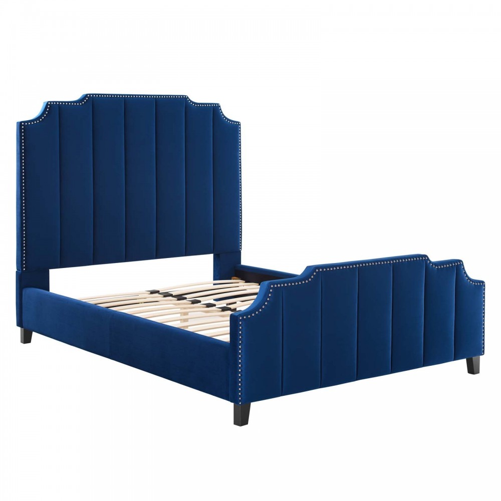 Lucille Queen Performance Velvet Platform Bed, Navy