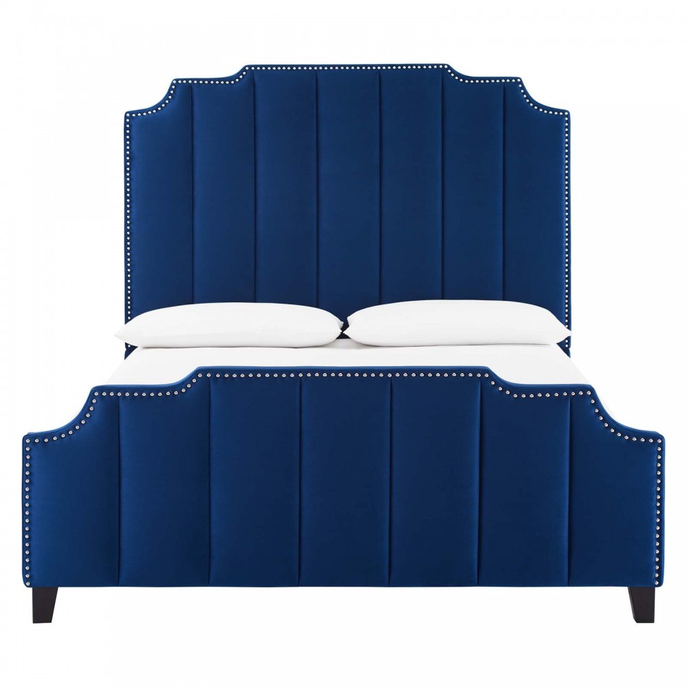 Lucille Queen Performance Velvet Platform Bed, Navy