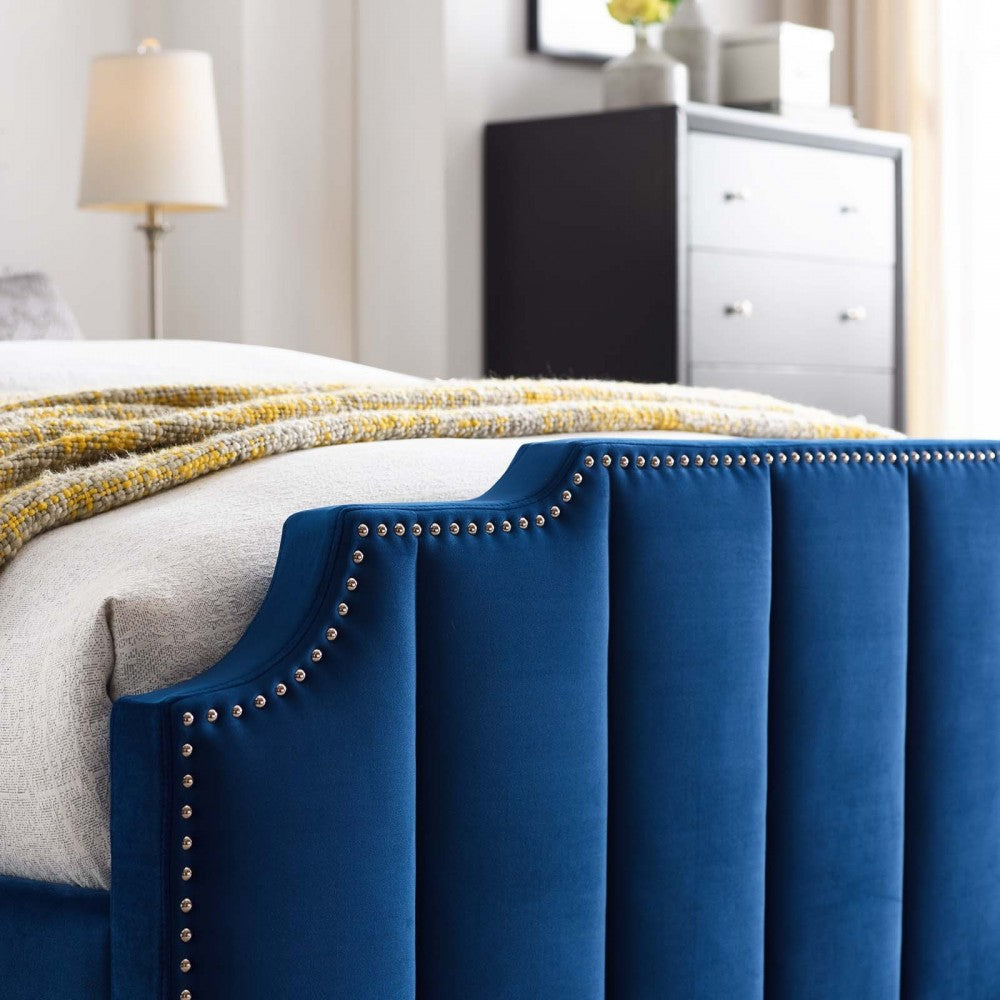Lucille Queen Performance Velvet Platform Bed, Navy