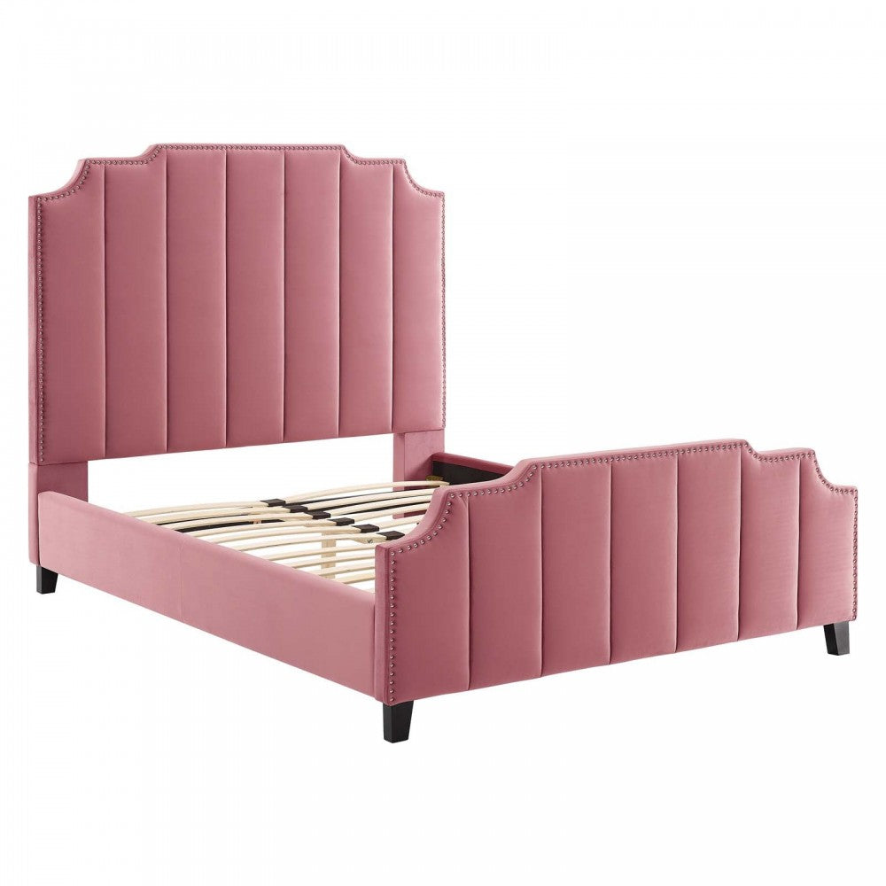 Lucille Queen Performance Velvet Platform Bed, Dusty Rose