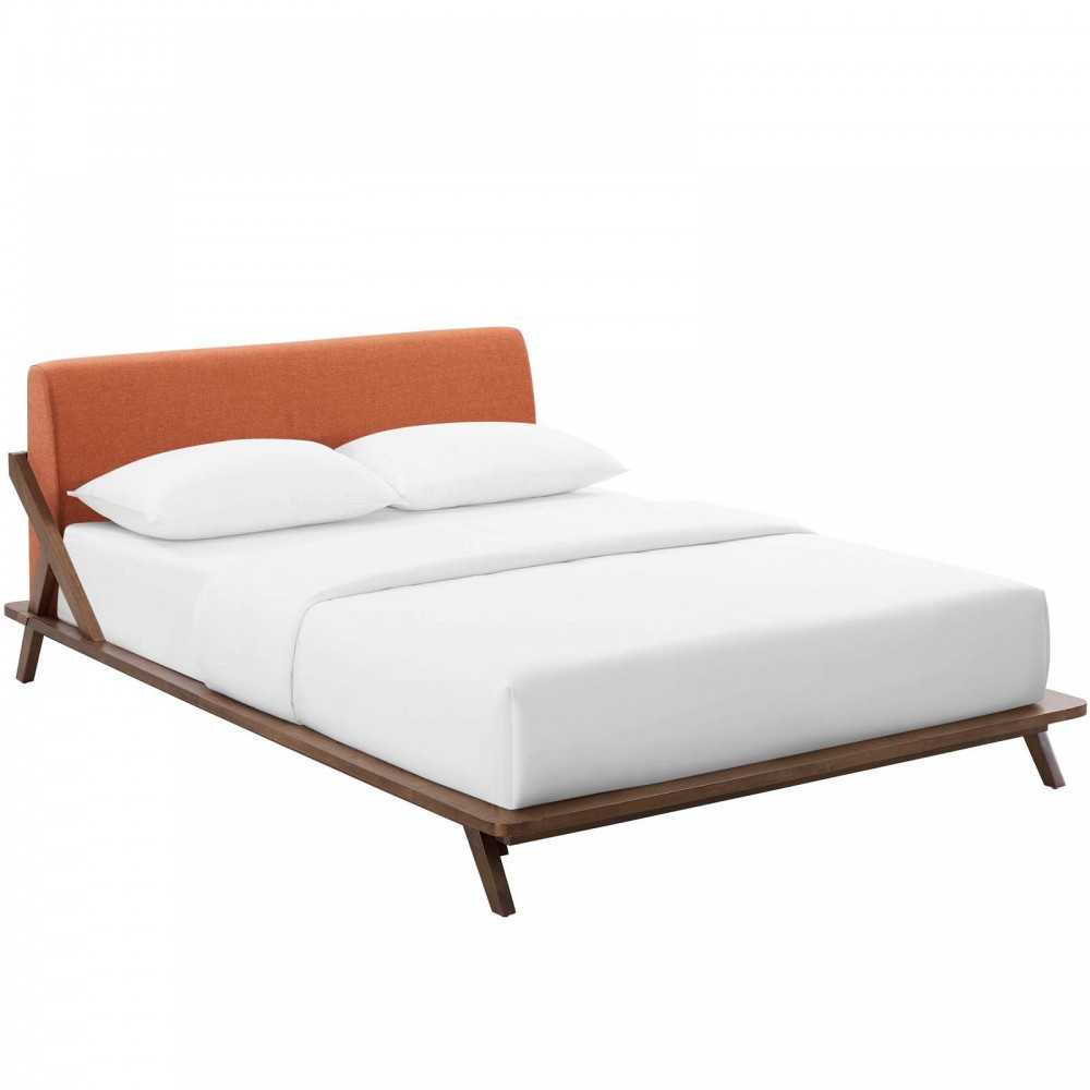 Luella Queen Upholstered Fabric Platform Bed, Walnut Orange