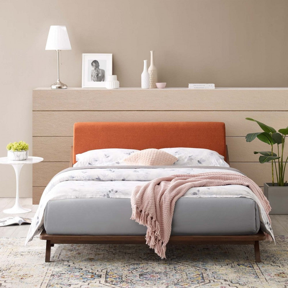 Luella Queen Upholstered Fabric Platform Bed, Walnut Orange