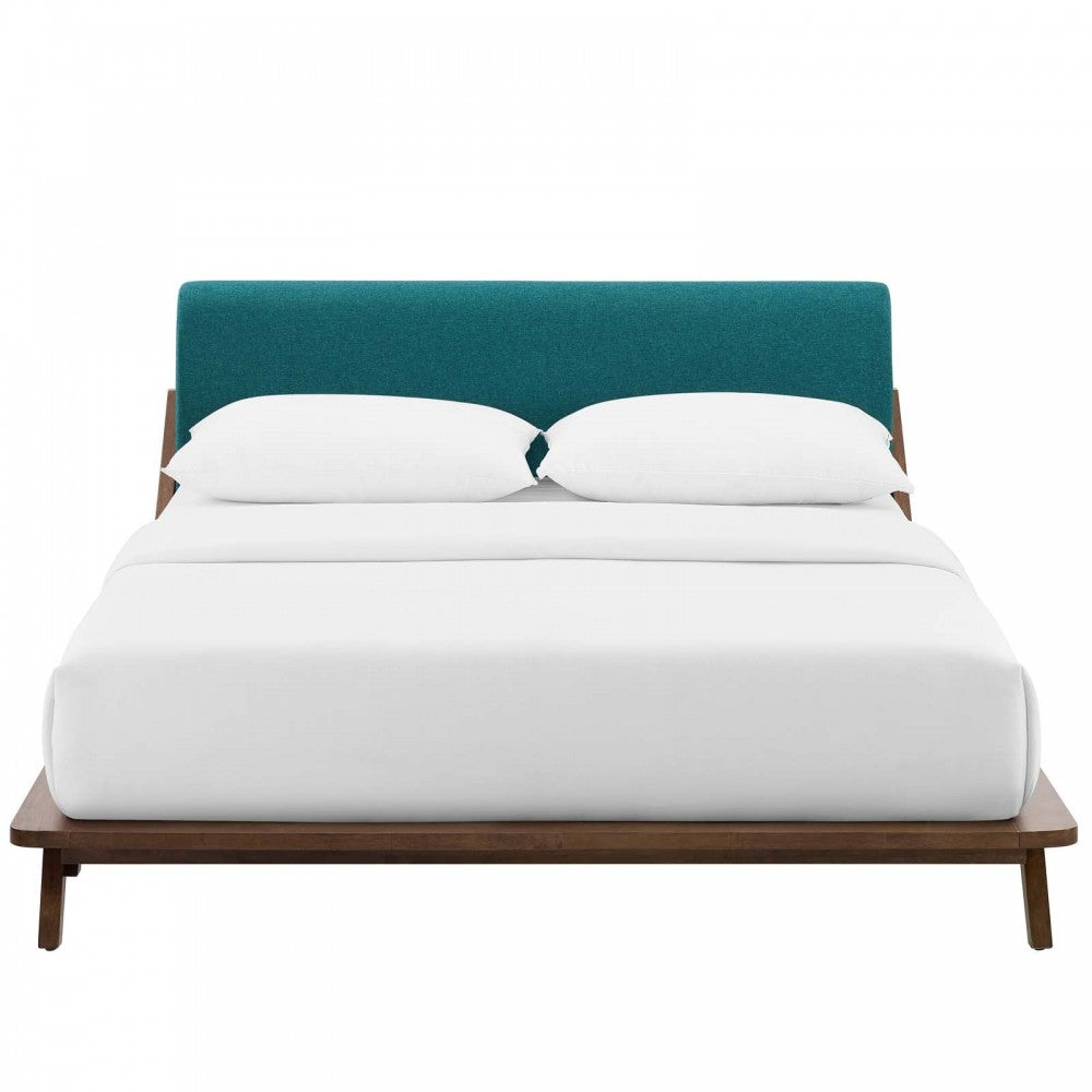 Luella Queen Upholstered Fabric Platform Bed, Walnut Teal