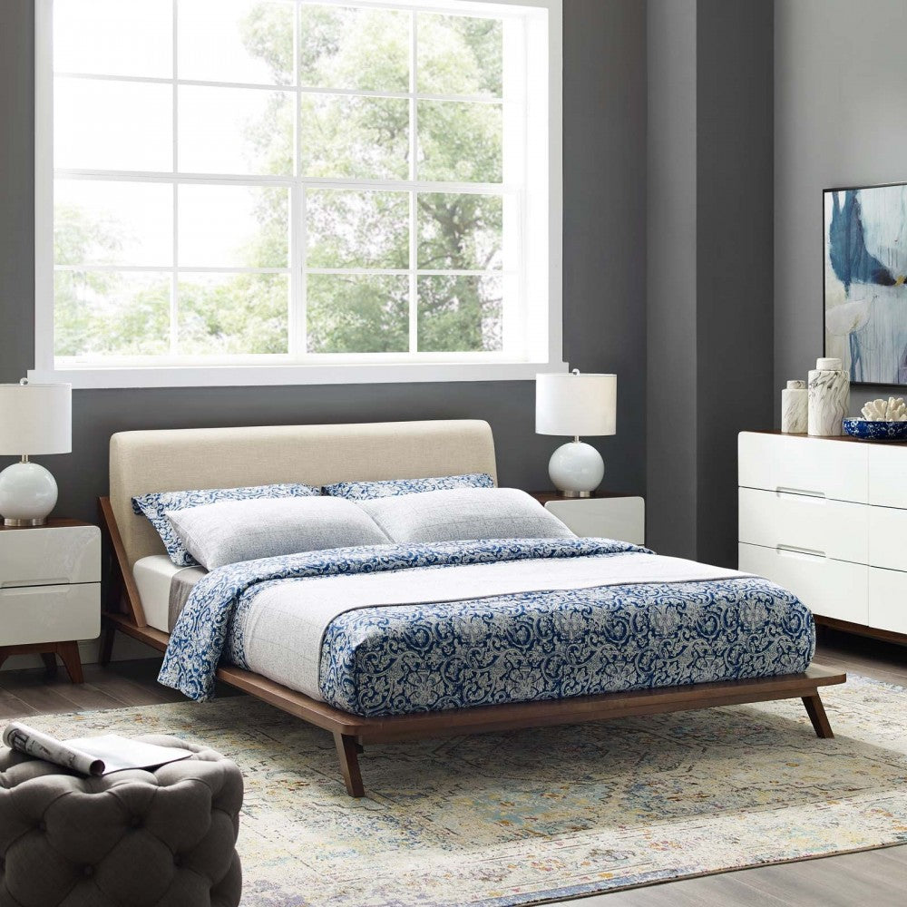 Luella Queen Upholstered Fabric Platform Bed, Walnut Beige