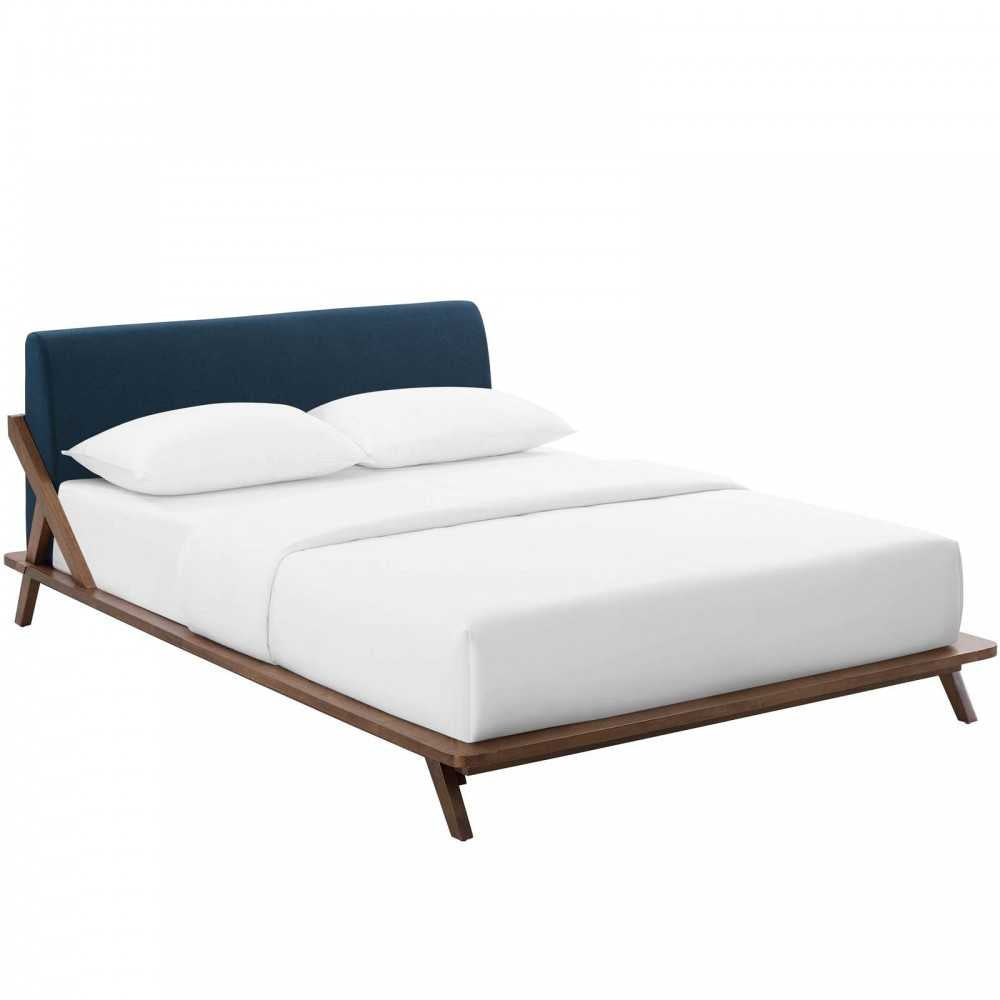 Luella Queen Upholstered Fabric Platform Bed, Walnut Blue