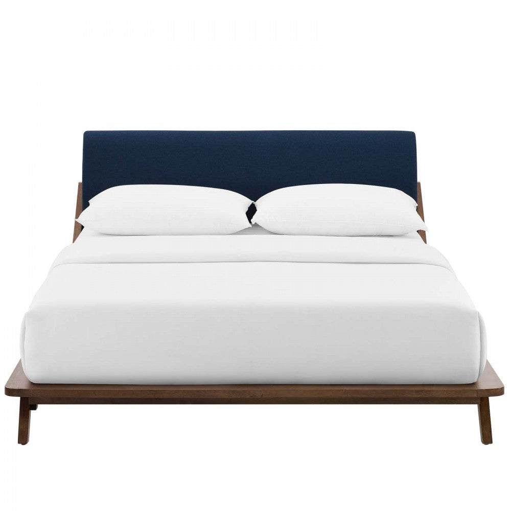 Luella Queen Upholstered Fabric Platform Bed, Walnut Blue