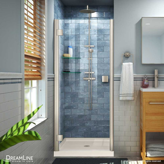 Lumen 36 in. D x 36 in. W by 74 3/4 in. H Hinged Shower Door in Brushed Nickel with Biscuit Acrylic Base Kit