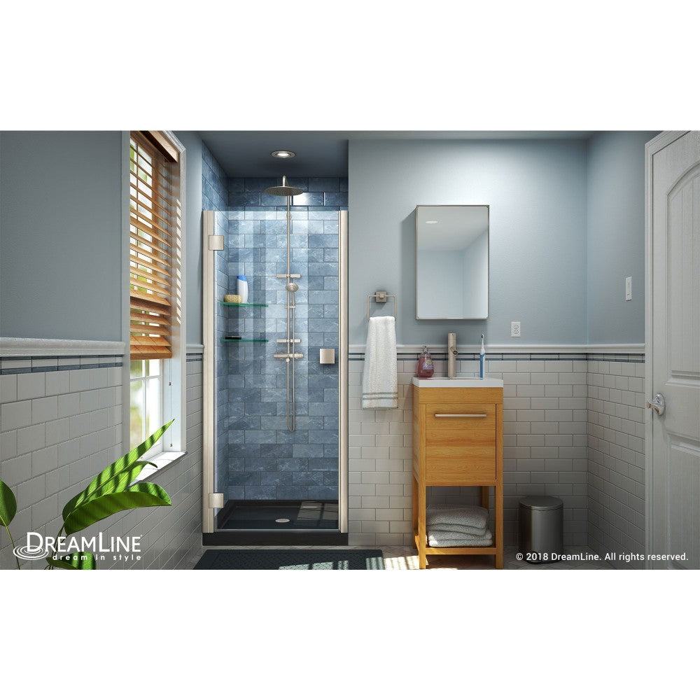 Lumen 36 in. D x 36 in. W by 74 3/4 in. H Hinged Shower Door in Brushed Nickel with Black Acrylic Base Kit