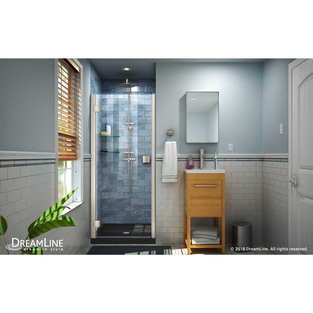 Lumen 36 in. D x 42 in. W by 74 3/4 in. H Hinged Shower Door in Brushed Nickel with Black Acrylic Base Kit