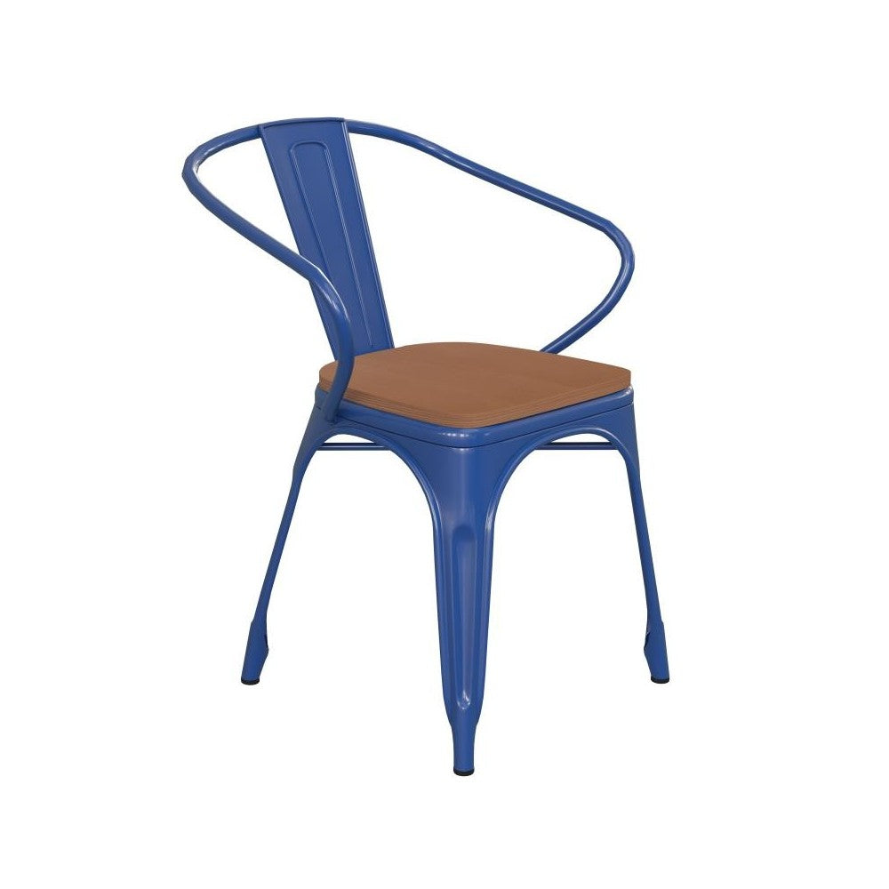 Luna Commercial Grade Blue Metal Chair-Teak Seat