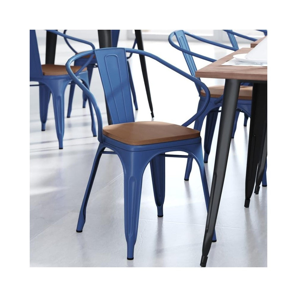 Luna Commercial Grade Blue Metal Chair-Teak Seat